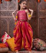 girls floral printed shoulder straps top with dhoti pants (dh-magentabrocade)