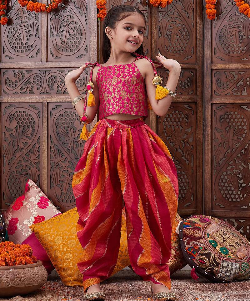 girls floral printed shoulder straps top with dhoti pants (dh-magentabrocade)