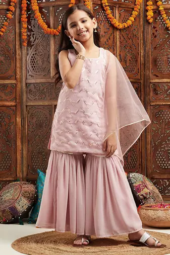 girls embroidered regular sequinned kurta with sharara & with dupatta (sha-pinkseq)
