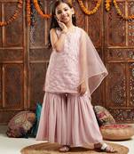 girls embroidered regular sequinned kurta with sharara & with dupatta (sha-pinkseq)