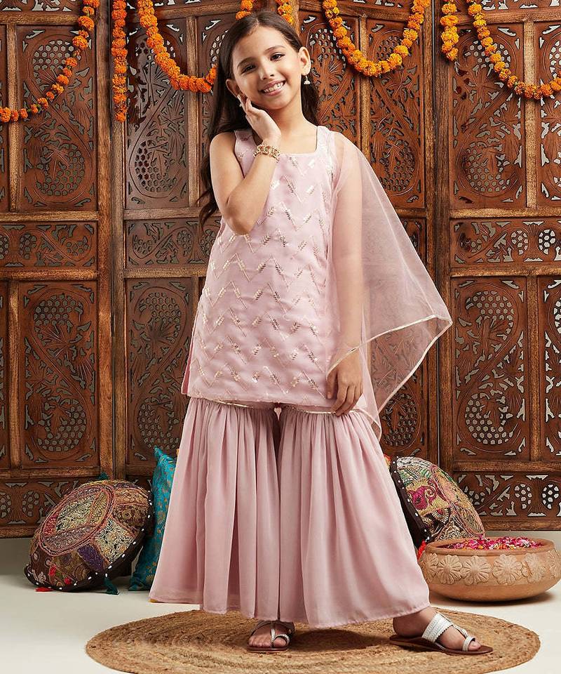 girls embroidered regular sequinned kurta with sharara & with dupatta (sha-pinkseq)