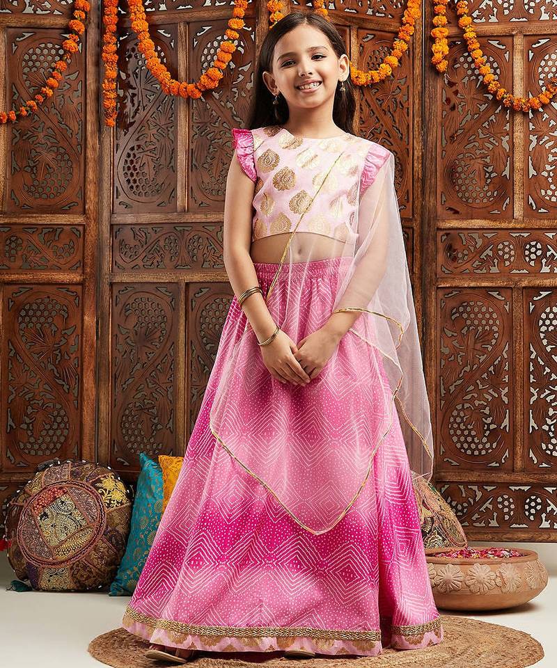 girls woven design flutter sleeves ready to wear lehenga & blouse with dupatta (l-magentashaded)