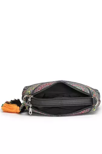 black canvas sling bag with mandala print