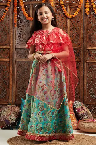 girls printed cold-shoulder sleeves ready to wear lehenga & blouse with dupatta (l-greenredmulti)