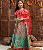 girls printed cold-shoulder sleeves ready to wear lehenga & blouse with dupatta (l-greenredmulti)