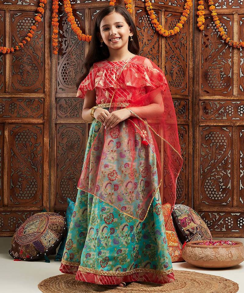 girls printed cold-shoulder sleeves ready to wear lehenga & blouse with dupatta (l-greenredmulti)