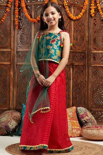 girls printed shoulder straps ready to wear lehenga & blouse with dupatta (l-greenbrocade)