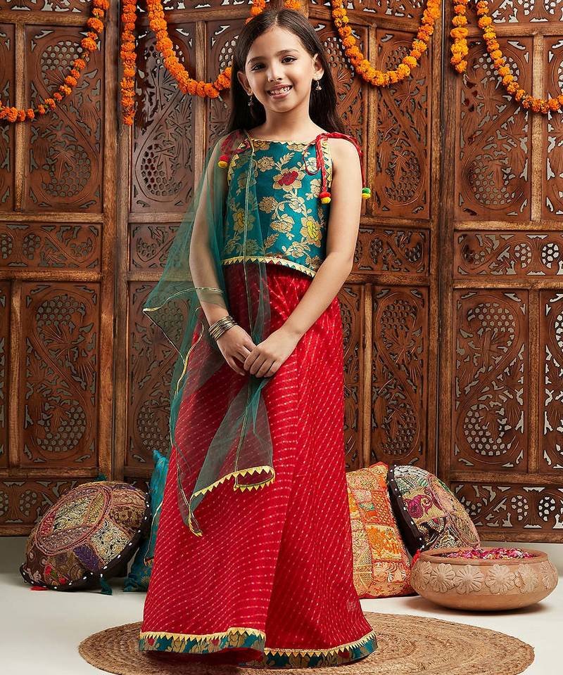 girls printed shoulder straps ready to wear lehenga & blouse with dupatta (l-greenbrocade)