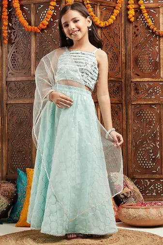girls embroidered ready to wear lehenga with blouse & dupatta (l-sequenceblue)