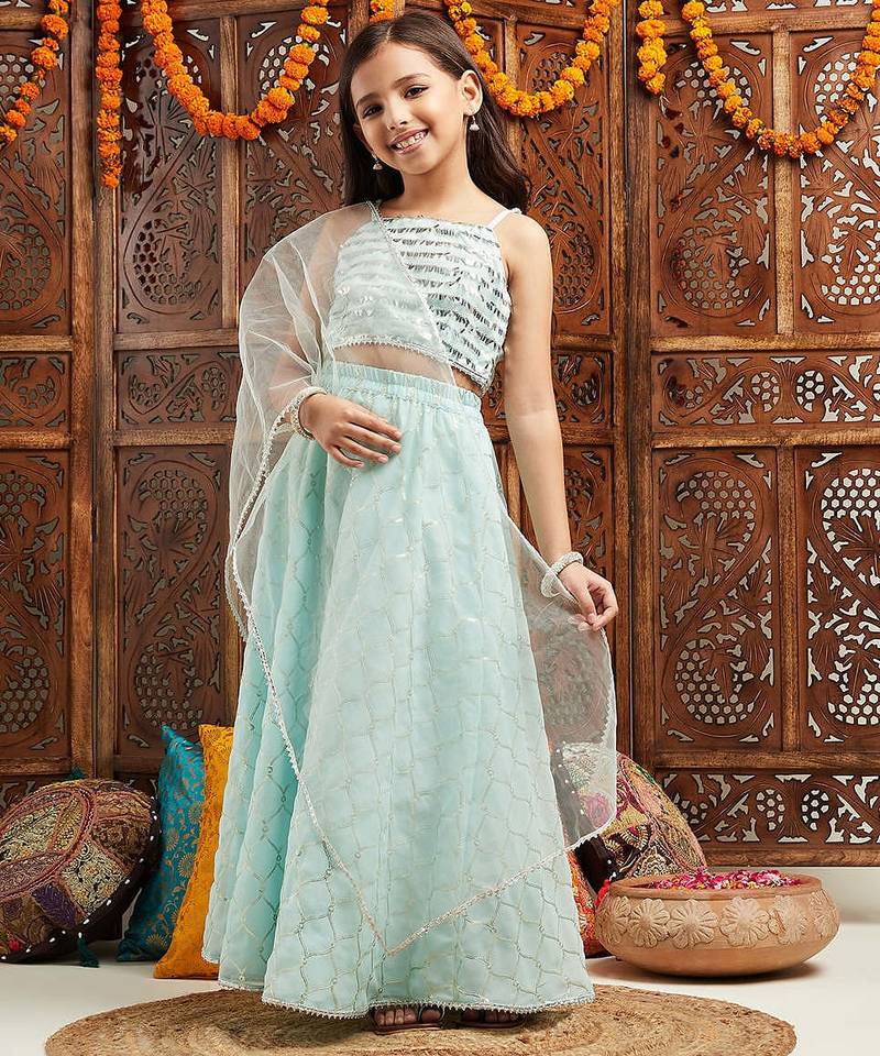 girls embroidered ready to wear lehenga with blouse & dupatta (l-sequenceblue)