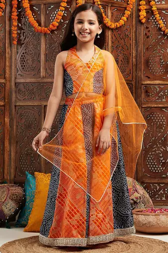 girls printed sleeveless ready to wear lehenga & blouse with dupatta (l-orangebluebandhni)