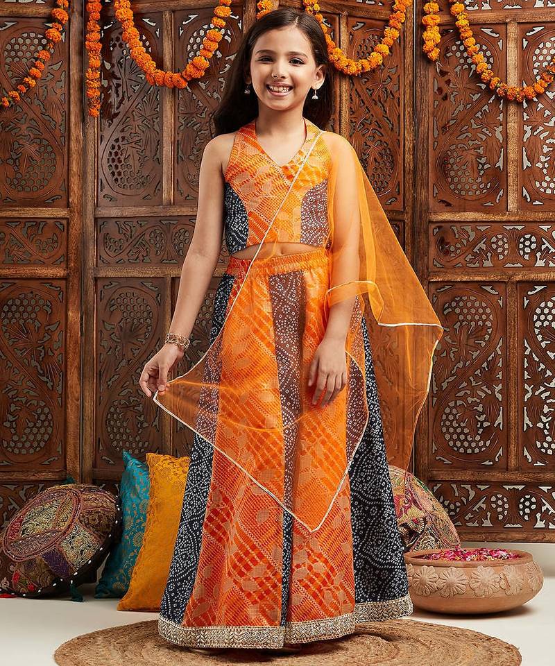 girls printed sleeveless ready to wear lehenga & blouse with dupatta (l-orangebluebandhni)