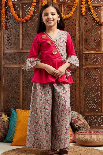 girls floral printed gotta patti bell sleeves pure cotton top with palazzos (iw-greymulti)
