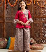 girls floral printed gotta patti bell sleeves pure cotton top with palazzos (iw-greymulti)