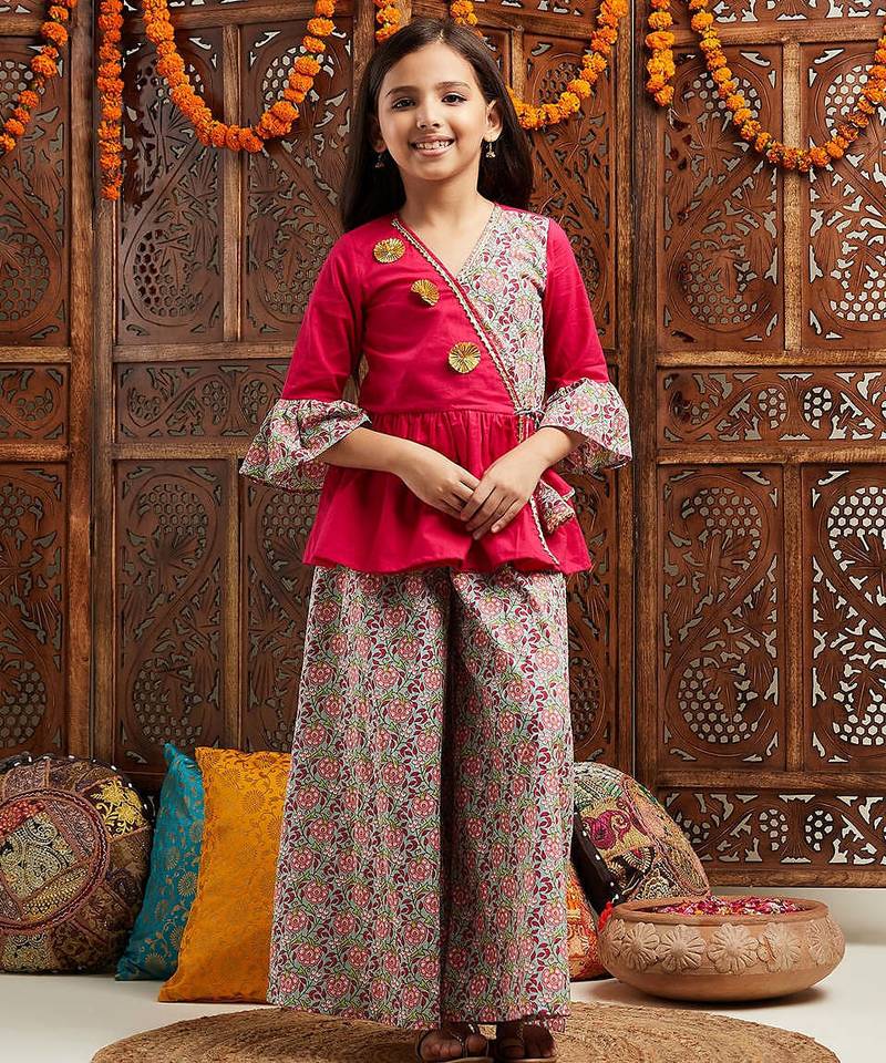 girls floral printed gotta patti bell sleeves pure cotton top with palazzos (iw-greymulti)