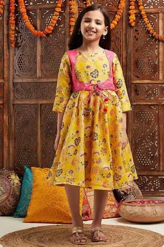 girls printed cotton fit & flare cotton ethnic dress (iw-yellowbrocade)