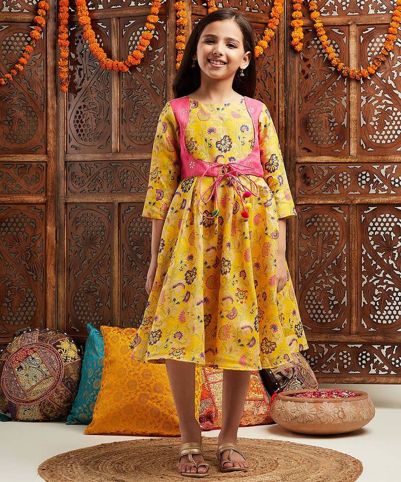 girls printed cotton fit & flare cotton ethnic dress (iw-yellowbrocade)