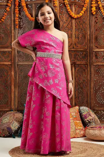 one shoulder floral printed top with skirt & waist belt (iw-pinkfoilggt)