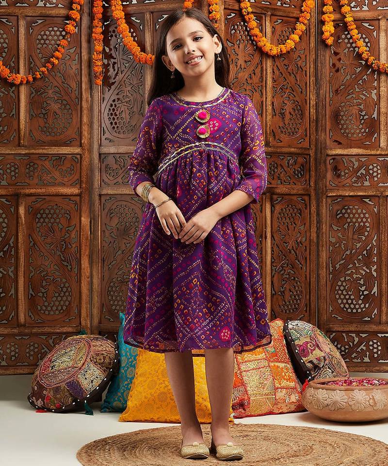 girls printed fit & flare georgette ethnic dress (iw-purpleggt)
