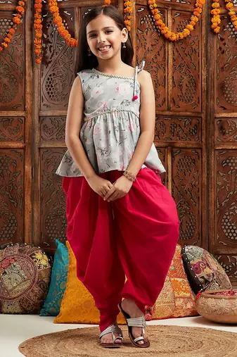 girls grey & red floral printed gotta patti a-line kurti with dhoti pants (dh-greyfloral)