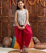 girls grey & red floral printed gotta patti a-line kurti with dhoti pants (dh-greyfloral)