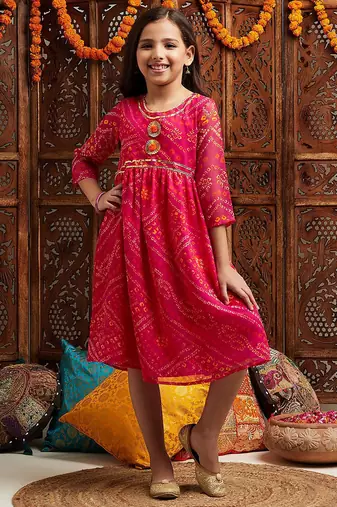 girls printed fit & flare georgette ethnic dress (iw-magentaggt)