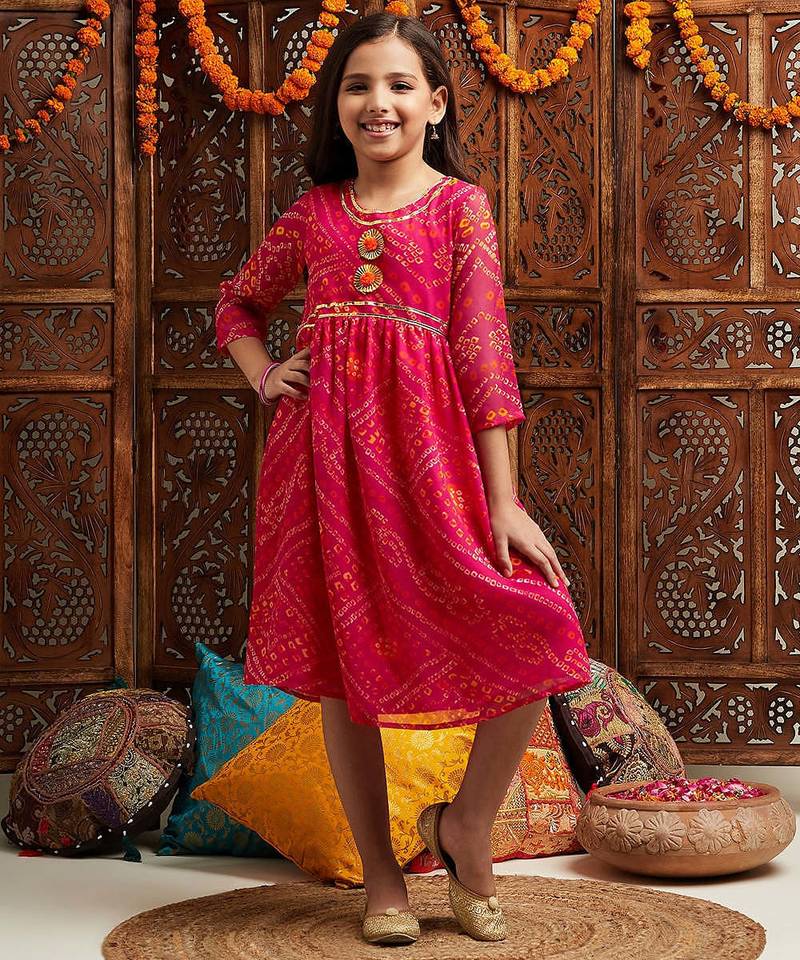 girls printed fit & flare georgette ethnic dress (iw-magentaggt)