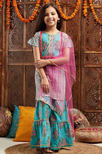 girls floral printed regular kurta with sharara & with dupatta (sha-bluepinkboota)
