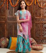 girls floral printed regular kurta with sharara & with dupatta (sha-bluepinkboota)