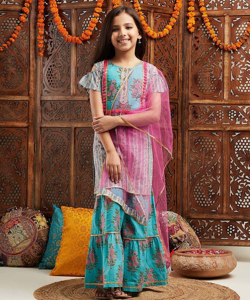 girls floral printed regular kurta with sharara & with dupatta (sha-bluepinkboota)