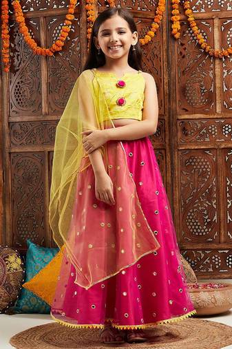 girls woven design ready to wear lehenga with blouse & dupatta (l-magentamirror)
