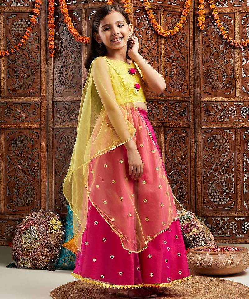 girls woven design ready to wear lehenga with blouse & dupatta (l-magentamirror)