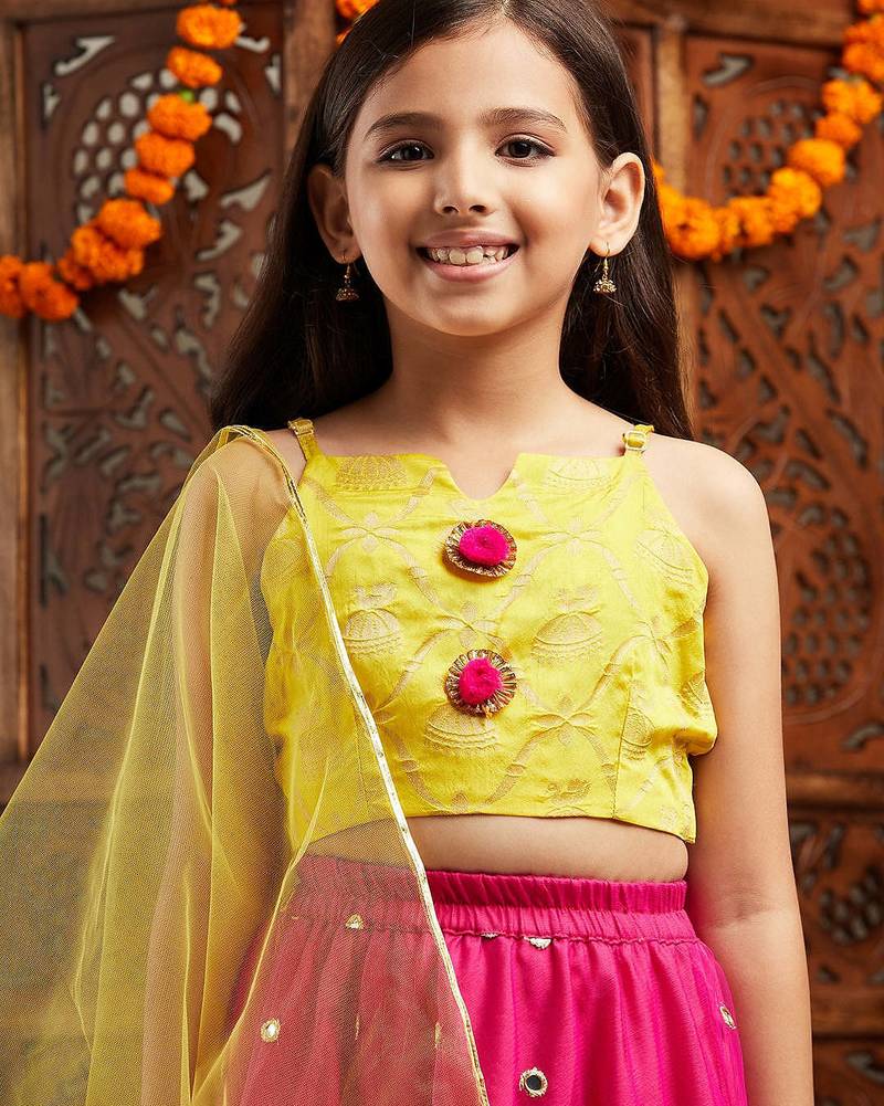 girls woven design ready to wear lehenga with blouse & dupatta (l-magentamirror)