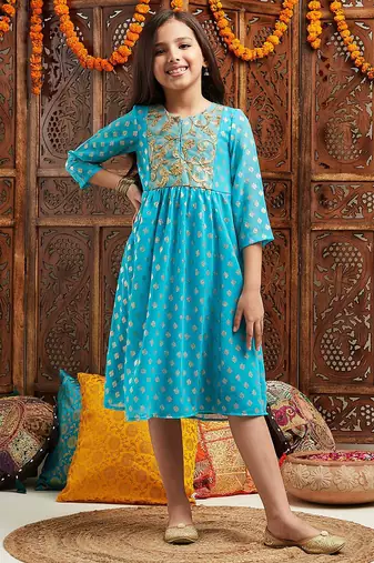 girls printed & embroidered fit & flare georgette ethnic dress (iw-turqfoilgota)