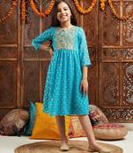 girls printed & embroidered fit & flare georgette ethnic dress (iw-turqfoilgota)