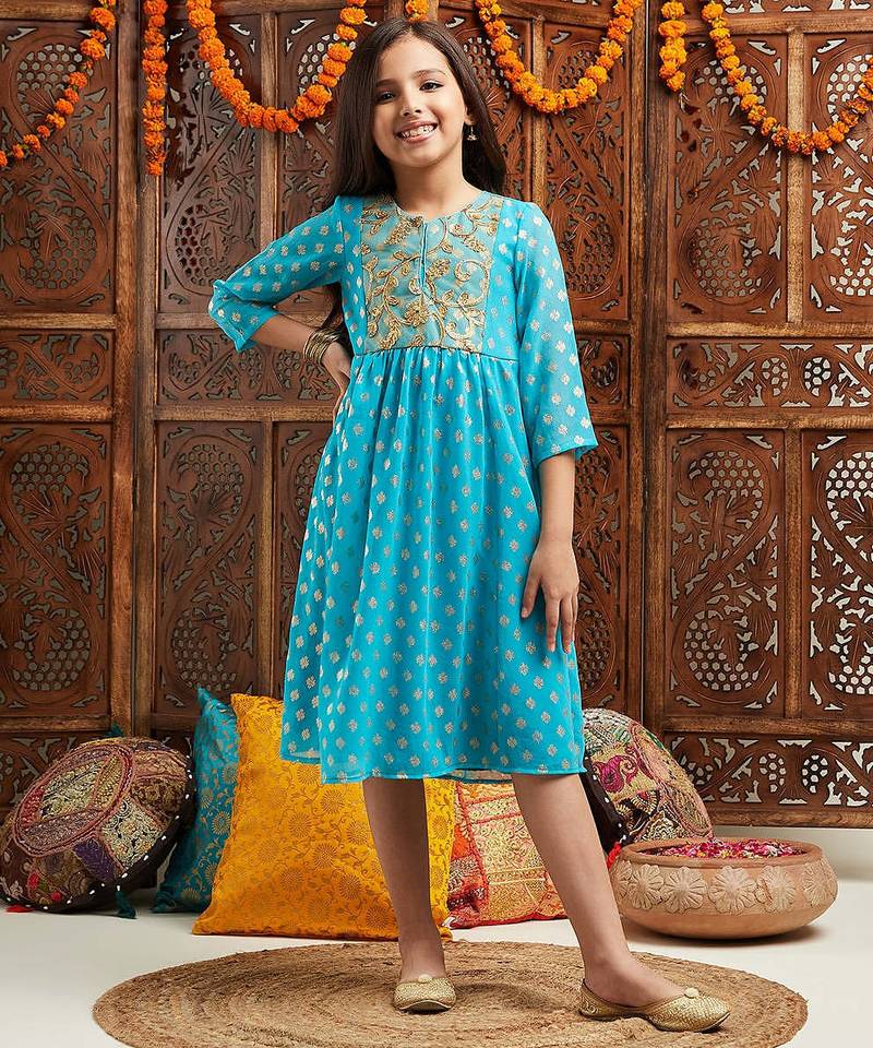 girls printed & embroidered fit & flare georgette ethnic dress (iw-turqfoilgota)