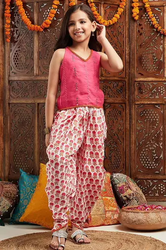 girls embroidered regular mirror work kurta with dhoti pants (dh-pinkpatra)