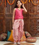 girls embroidered regular mirror work kurta with dhoti pants (dh-pinkpatra)