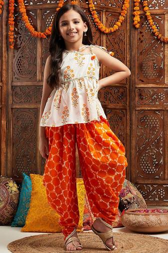 girls floral printed regular gotta patti kurta with dhoti pants (dh-orangeboota)