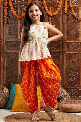 girls floral printed regular gotta patti kurta with dhoti pants (dh-orangeboota)