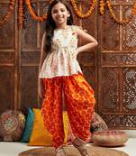 girls floral printed regular gotta patti kurta with dhoti pants (dh-orangeboota)