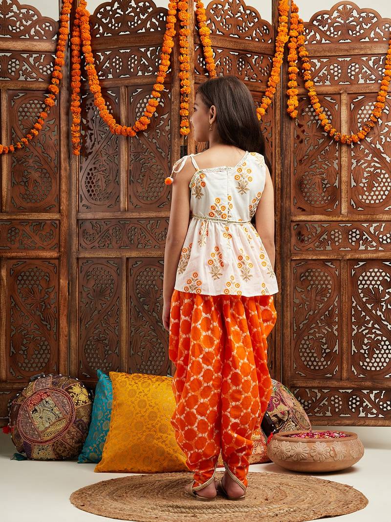 girls floral printed regular gotta patti kurta with dhoti pants (dh-orangeboota)