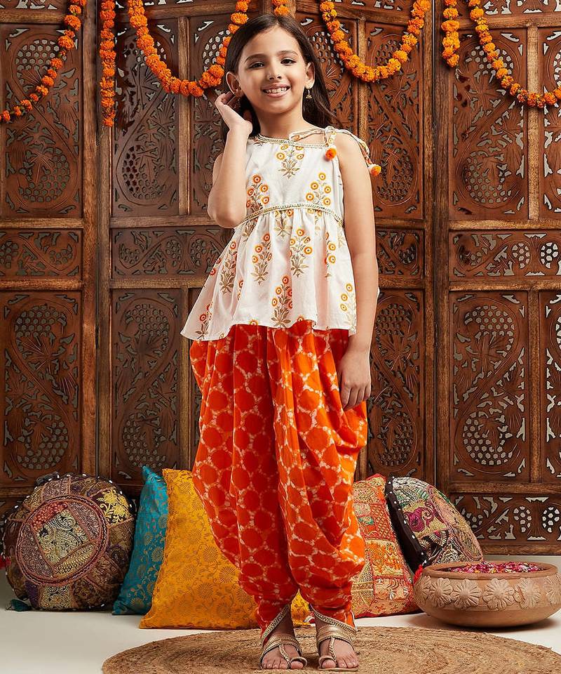 girls floral printed regular gotta patti kurta with dhoti pants (dh-orangeboota)