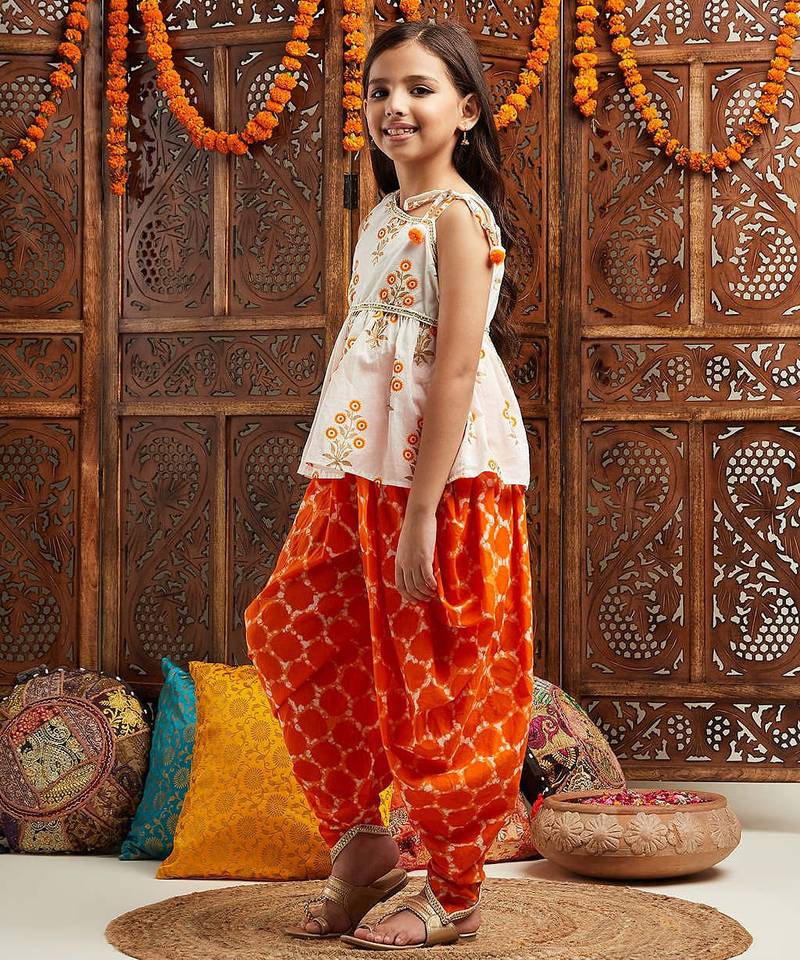 girls floral printed regular gotta patti kurta with dhoti pants (dh-orangeboota)