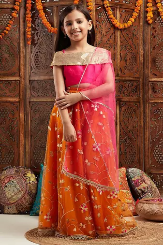 girls embellished sequinned ready to wear lehenga & blouse with dupatta (l-orangegotalace)