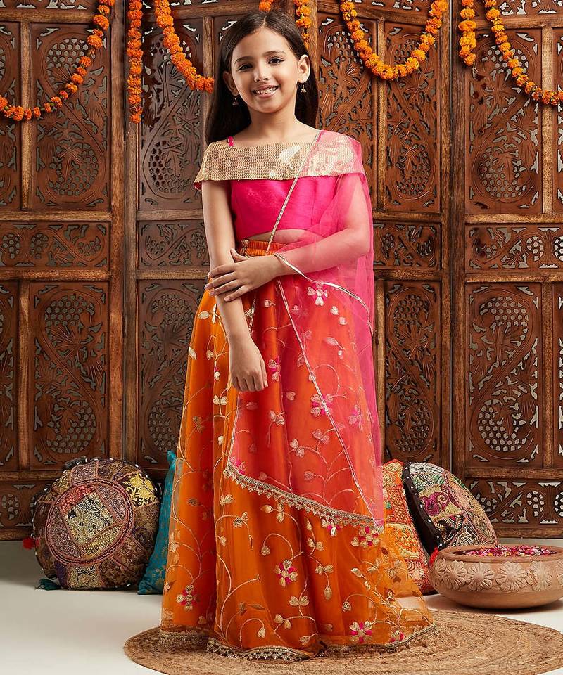 girls embellished sequinned ready to wear lehenga & blouse with dupatta (l-orangegotalace)