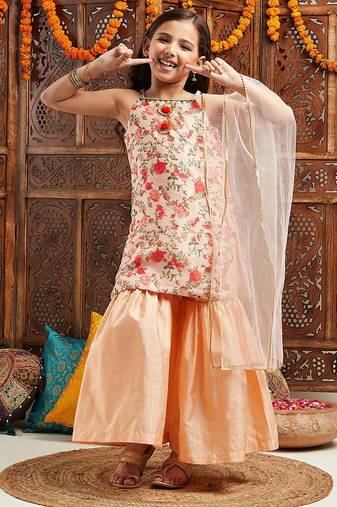 girls floral printed regular kurta with sharara & with dupatta (sha-peachmultifloral)
