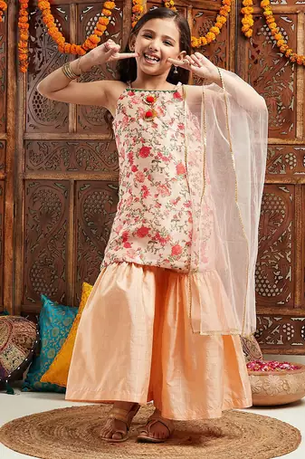 girls floral printed regular kurta with sharara & with dupatta (sha-peachmultifloral)