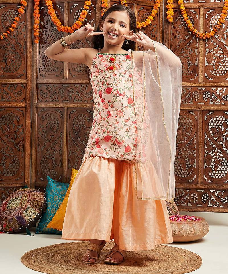 girls floral printed regular kurta with sharara & with dupatta (sha-peachmultifloral)