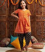 girls printed regular kurta with dhoti pants (dh-orangedobby)